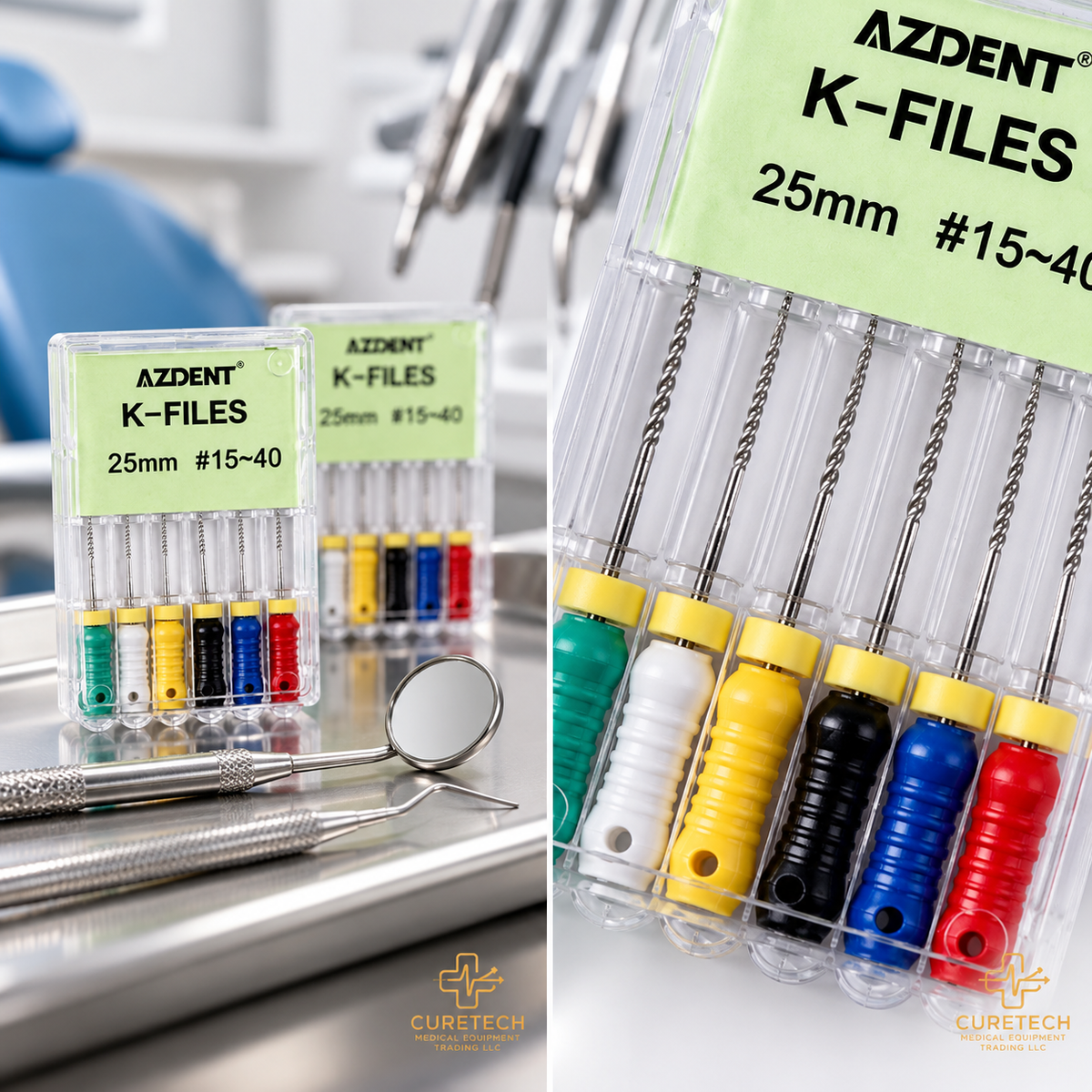 Stainless steel K-Files with handles and fixed plastic washers, 6 pieces per pack